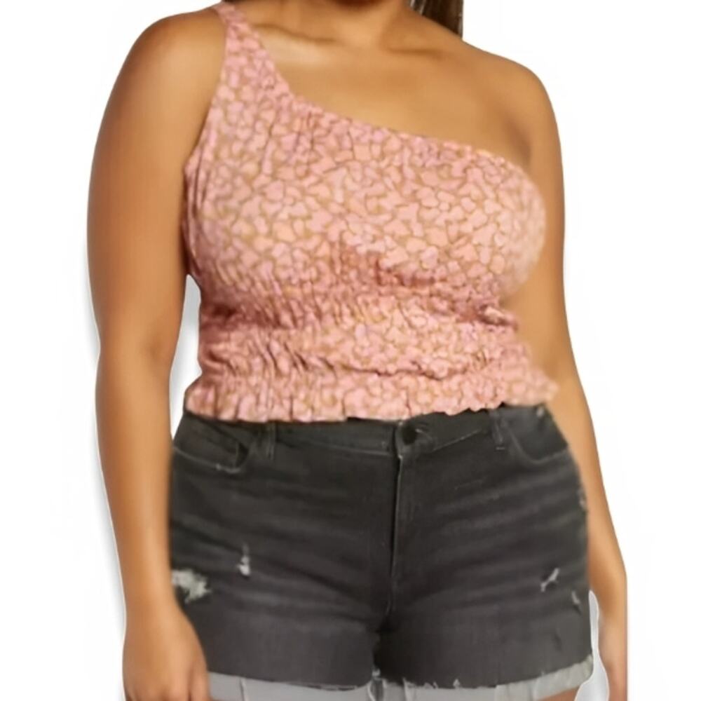 BP Allison One Shoulder Crop Top Floral Pattern Shirred Waist Pink W Small NWOT